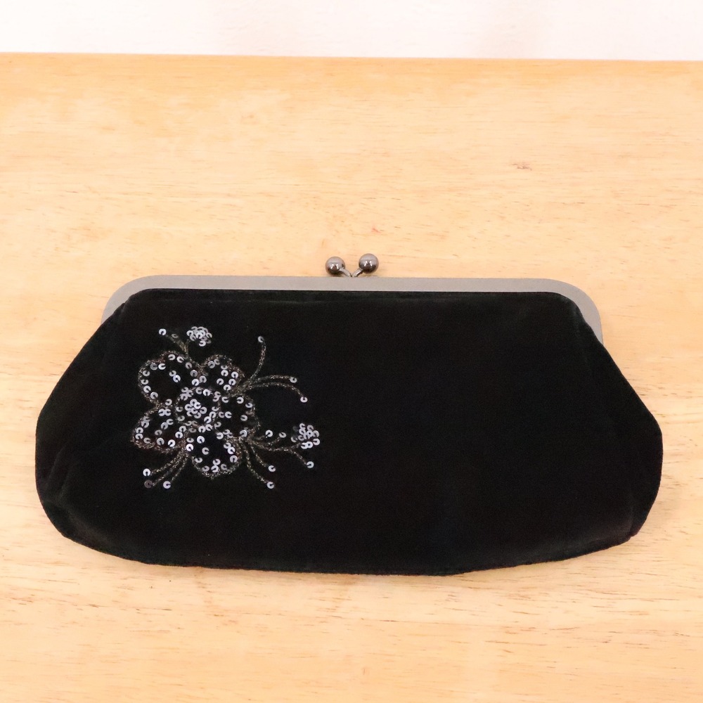 Express Floral Sequin Velvet Clutch Bag Womens Black Y2K Evening Kisslock